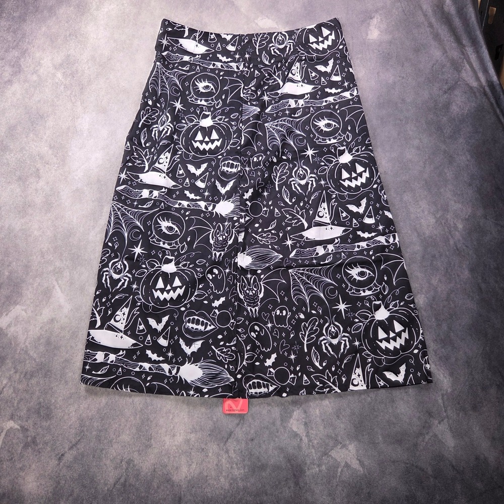 Romwe Halloween Midi Skirt Womens Large Black White Spooky Print Goth Slit NWT